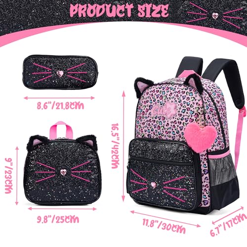 Meetbelify Black Cute Cat School Backpack for Girls Backpack with Lunch Box for Elementary Students Kids Travel Bookbag for Girls Ages 6-8 - Image 2