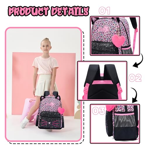 Meetbelify Black Cute Cat School Backpack for Girls Backpack with Lunch Box for Elementary Students Kids Travel Bookbag for Girls Ages 6-8 - Image 4