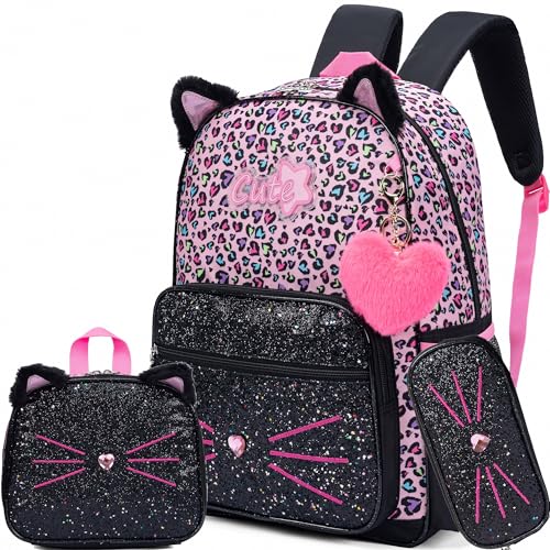 Meetbelify Black Cute Cat School Backpack for Girls Backpack with Lunch Box for Elementary Students Kids Travel Bookbag for Girls Ages 6-8 - Image 1