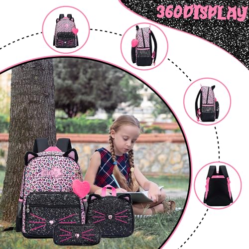 Meetbelify Black Cute Cat School Backpack for Girls Backpack with Lunch Box for Elementary Students Kids Travel Bookbag for Girls Ages 6-8 - Image 3