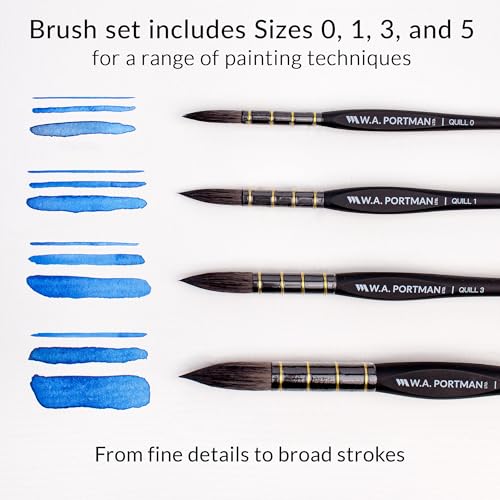 W.A. Portman WA Portman Quill Round Watercolor Brushes Professional 4pc Set – 100% Vegan, Cruelty-Free Synthetic Squirrel Hair Watercolor Brushes Set with Triangular Comfort Grip – Precision Art Brush for Artists - Image 2
