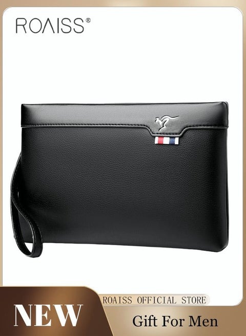 Men's Business Large Capacity Super Slim Anti-Theft Clutch Bag Textured Leather Minimalist Large Wallet with Wristband Zipper Checkbook Card Case Gift for Men Multi-layer Waterproof Black