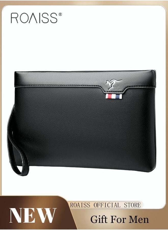 roaiss Super Slim Anti-Theft Clutch Bag Textured Leather Minimalist Large Wallet with Wristband Zipper Checkbook Card Case Gift for Men  - Image 1