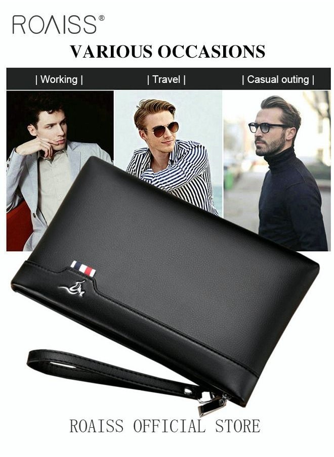 roaiss Super Slim Anti-Theft Clutch Bag Textured Leather Minimalist Large Wallet with Wristband Zipper Checkbook Card Case Gift for Men  - Image 5