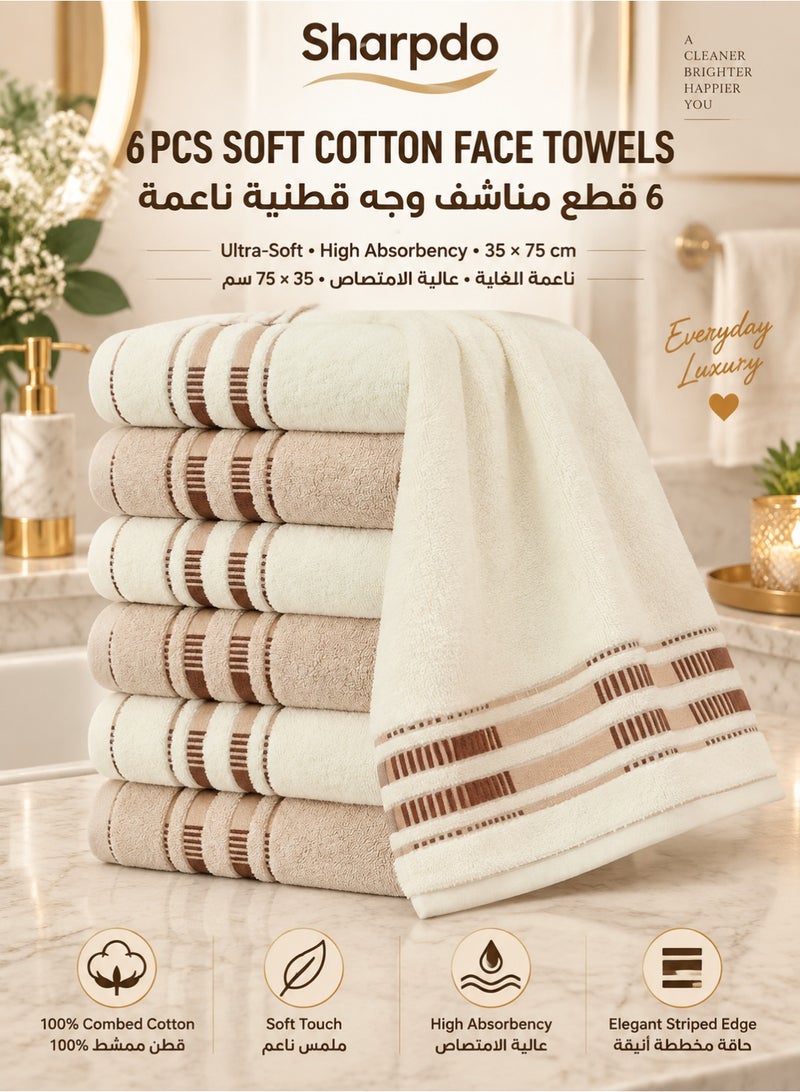 شاربدو Sharpdo طقم مناشف للوجه من القطن الناعم 6 قطع للبالغين – ناعمة للغاية وعالية الامتصاص، مناشف وجه من القطن الممشط مقاس 35×75 سم للاستخدام اليومي، ألوان محايدة متنوعة - Image 1