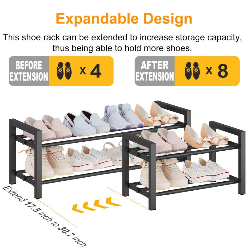 Detsuk 2-Tier Expandable Shoe Rack (17.5"-30.7") â€“ Adjustable Heavy-Duty Metal Shoe Organizer Shelf for Closet, Entryway, Mudroom & Garage â€“ Durable Freestanding Storage, Black - Image 2