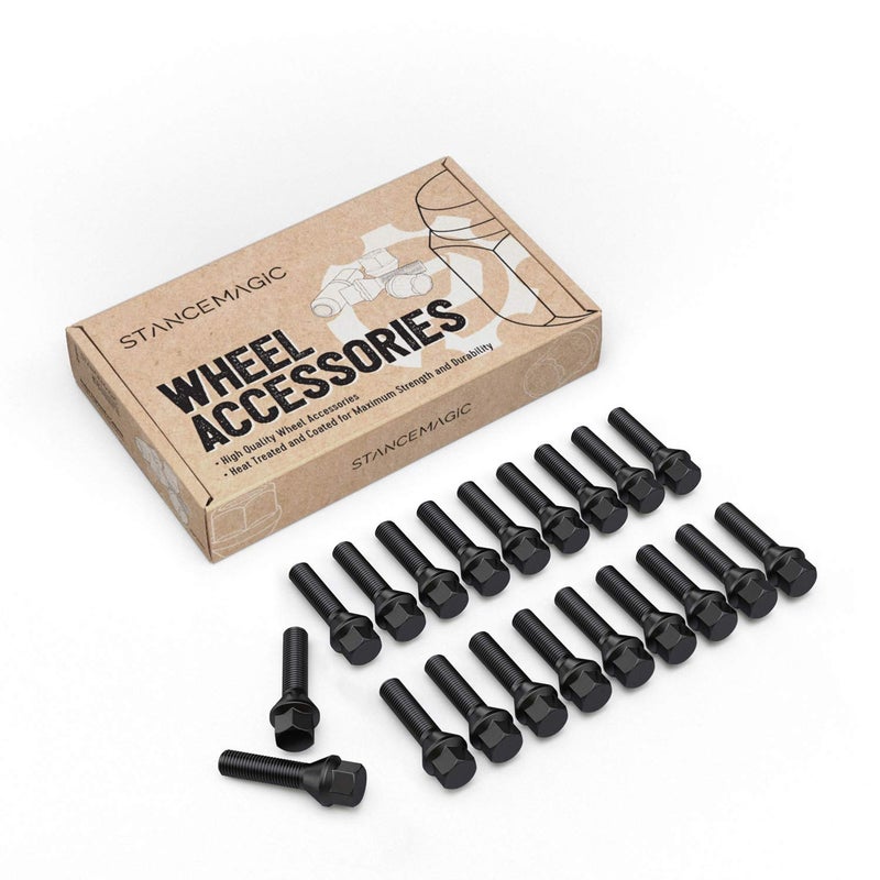 StanceMagic 20pcs Extended Black 12x1.5 Lug Bolts (39mm Shank Length, Cone Seat) Not OEM Length - Compatible with BMW 128i 135i 318i 320i 325i 328i 335i M3 525i 528i 530i 535i M5 Z3 Z4 E36 E46 E60 E90 E92 E93 - Image 1
