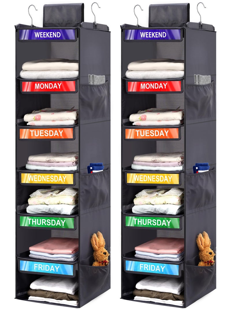 Fivebop 2 Pack 6-Shelf Weekly Clothes Organizer for Kids, Hanging Daily Closet Organization with 6 Side Pockets, Days of The Week Clothing Divider Storage for Boys and Girls (Grey) - Image 1