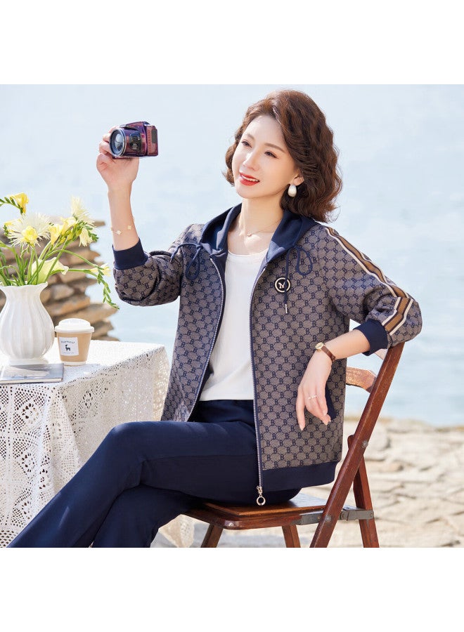 Pastel Spring Autumn Sports Casual Running Loose Plus Size Stylish Jacket And Pants Two-piece Set For Middle-aged And Elderly Navy XL - Image 1