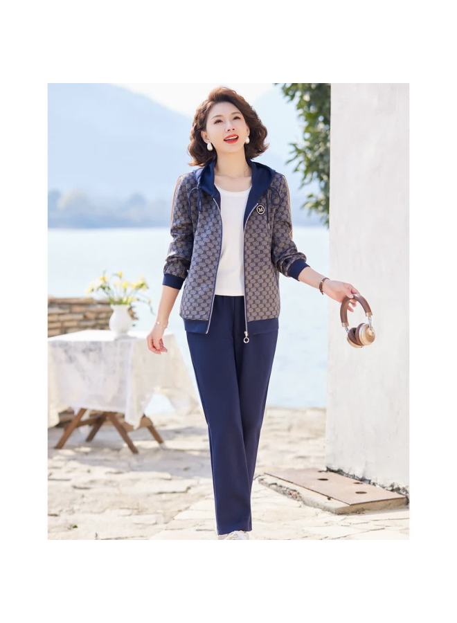 Pastel Spring Autumn Sports Casual Running Loose Plus Size Stylish Jacket And Pants Two-piece Set For Middle-aged And Elderly Navy XL - Image 2