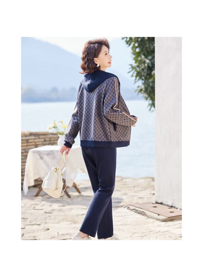 Pastel Spring Autumn Sports Casual Running Loose Plus Size Stylish Jacket And Pants Two-piece Set For Middle-aged And Elderly Navy XL - Image 3