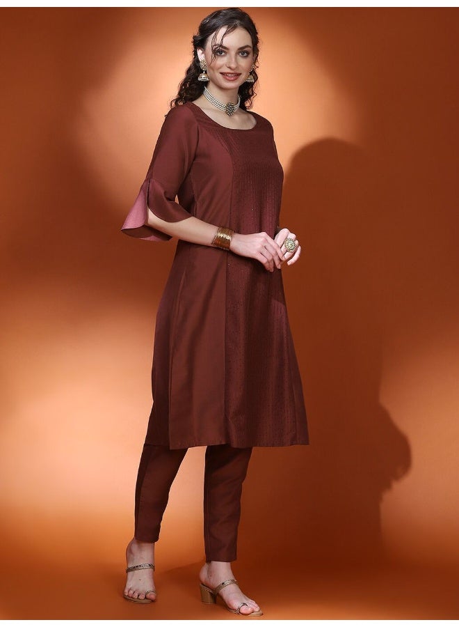 AKS Couture Round Neck Bell Sleeve A-Line Sequinned Kurta With Trousers & Dupatta - Image 4