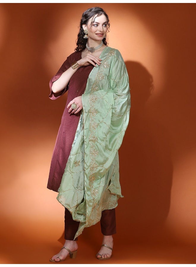 AKS Couture Round Neck Bell Sleeve A-Line Sequinned Kurta With Trousers & Dupatta - Image 1