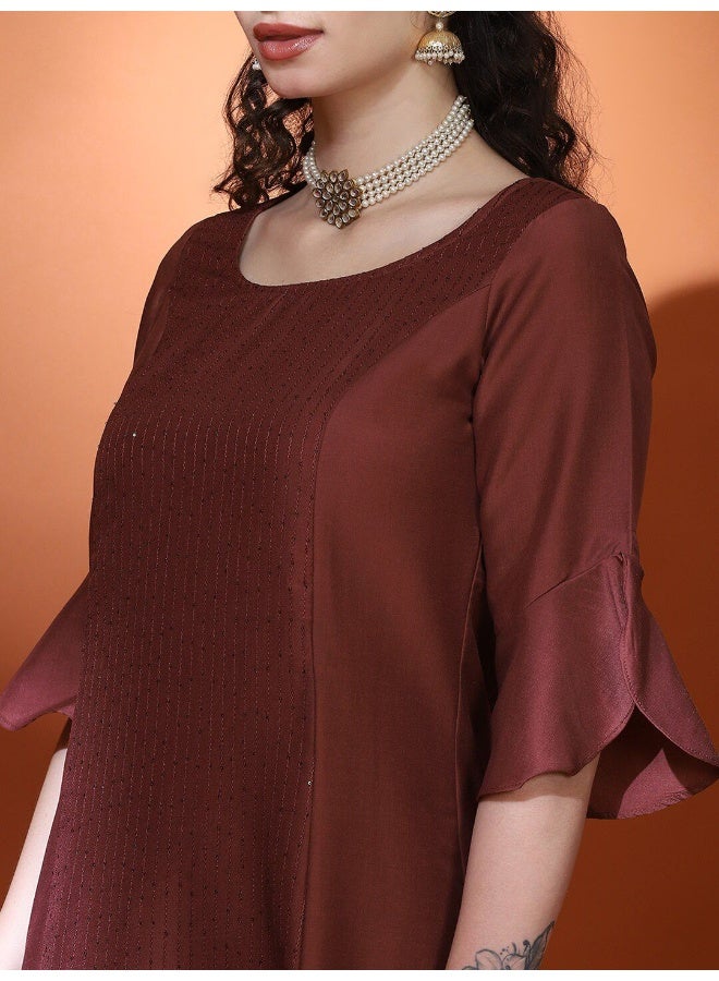 AKS Couture Round Neck Bell Sleeve A-Line Sequinned Kurta With Trousers & Dupatta - Image 2