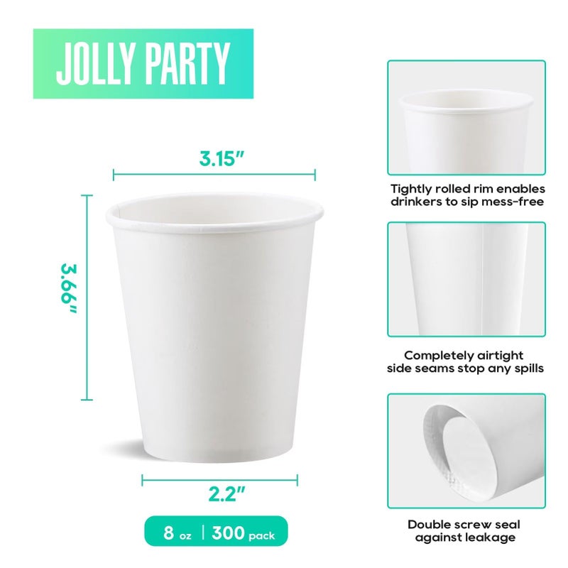 JOLLY PARTY أكواب قهوة ورقية قابلة للتصرف 300 حزمة سعة 8 أونصات لحفلة جولي - أكواب مشروبات ساخنة/باردة للماء - أكواب قهوة ورقية بيضاء - Image 2
