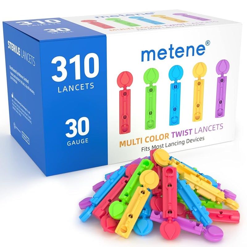 MeteneTwist Top Lancets for Lancing Devices 310 Count 30 Gauge Lancets for Blood Sugar Test Diabetic Lancets Multicolored