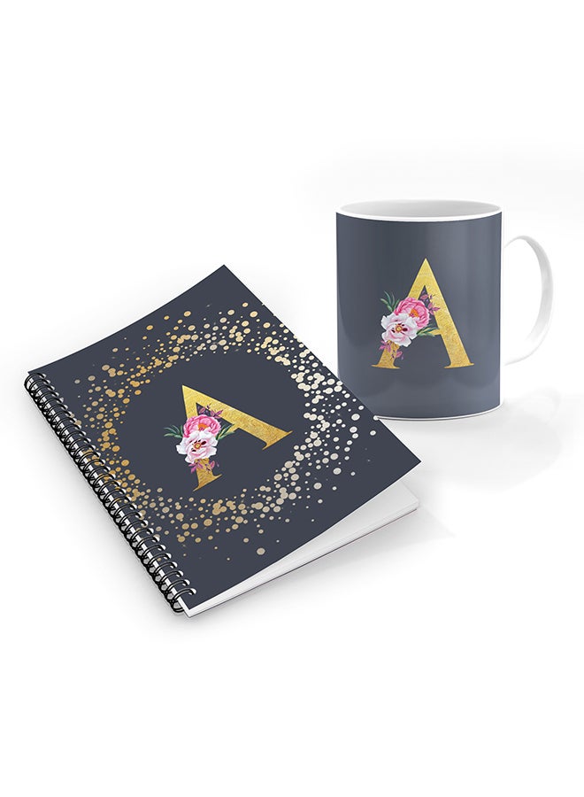 Stylizedd Printed Coffee Mug + A5 Spiral Notebook Memo Personalised Combo Gift Set Custom Monogram Initial Letter Floral Pattern Alphabet - A  (Grey )