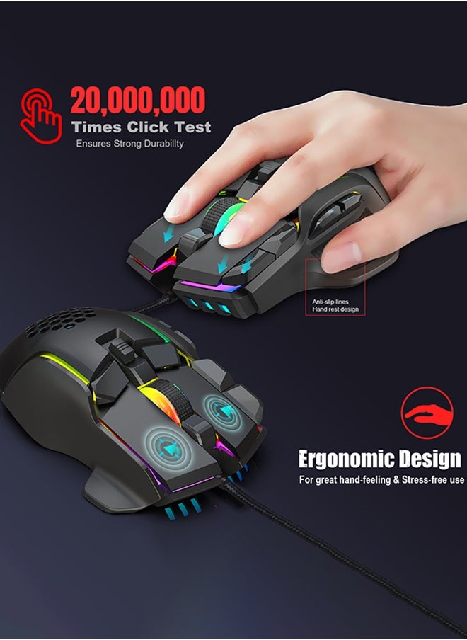 Wired Gaming Mouse,Optical Gamer Mice With 13 RGB Backlit Modes,High-Precision Adjustable 12800 DPI,10 Programmable Buttons,Ergonomic Plug Play PC Laptop Mac USB For Working