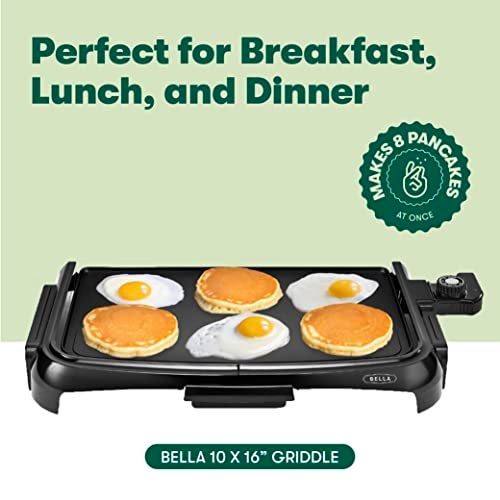 BELLA Electric Griddle with Crumb Tray - Smokeless Indoor Grill, Nonstick Surface, Adjustable Temperature Control Dial & Cool-touch Handles, 10" x 16", Black - Image 2