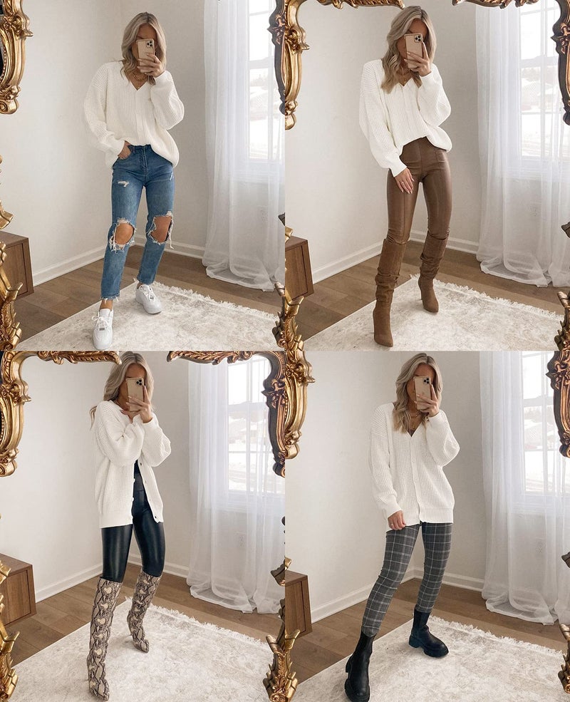 QUALFORT Women's Cardigan Sweaters for Women 100% Cotton Button-Down Long Sleeve Oversized Knit Outerwear Fall Clothes 2025 Off White 3X-Large - Image 3