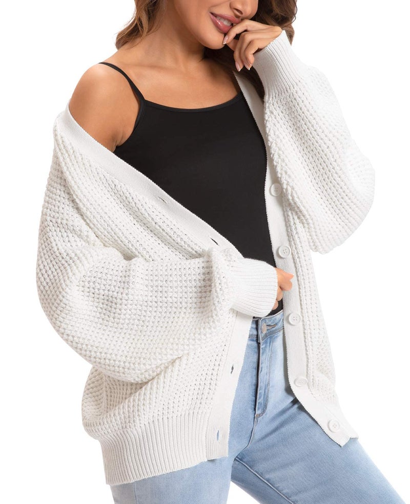 QUALFORT Women's Cardigan Sweaters for Women 100% Cotton Button-Down Long Sleeve Oversized Knit Outerwear Fall Clothes 2025 Off White 3X-Large - Image 5