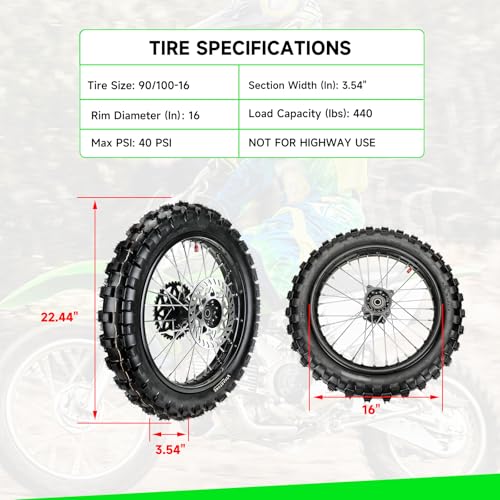 XIKOBY 16'' Wheel 90/100-16 3.00-16 Dirt Bike Rear Tire Assembly for 125cc 140cc 150cc XR100 CRF150F KX100 KLX140 DRZ125 TTR125LE Baja DR125 DR150 Pit Bike Parts with Brake Rotor 428 Chain Sprocket - Image 4