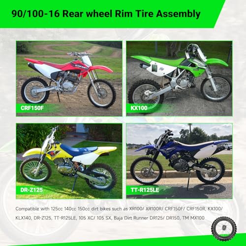 XIKOBY 16'' Wheel 90/100-16 3.00-16 Dirt Bike Rear Tire Assembly for 125cc 140cc 150cc XR100 CRF150F KX100 KLX140 DRZ125 TTR125LE Baja DR125 DR150 Pit Bike Parts with Brake Rotor 428 Chain Sprocket - Image 2