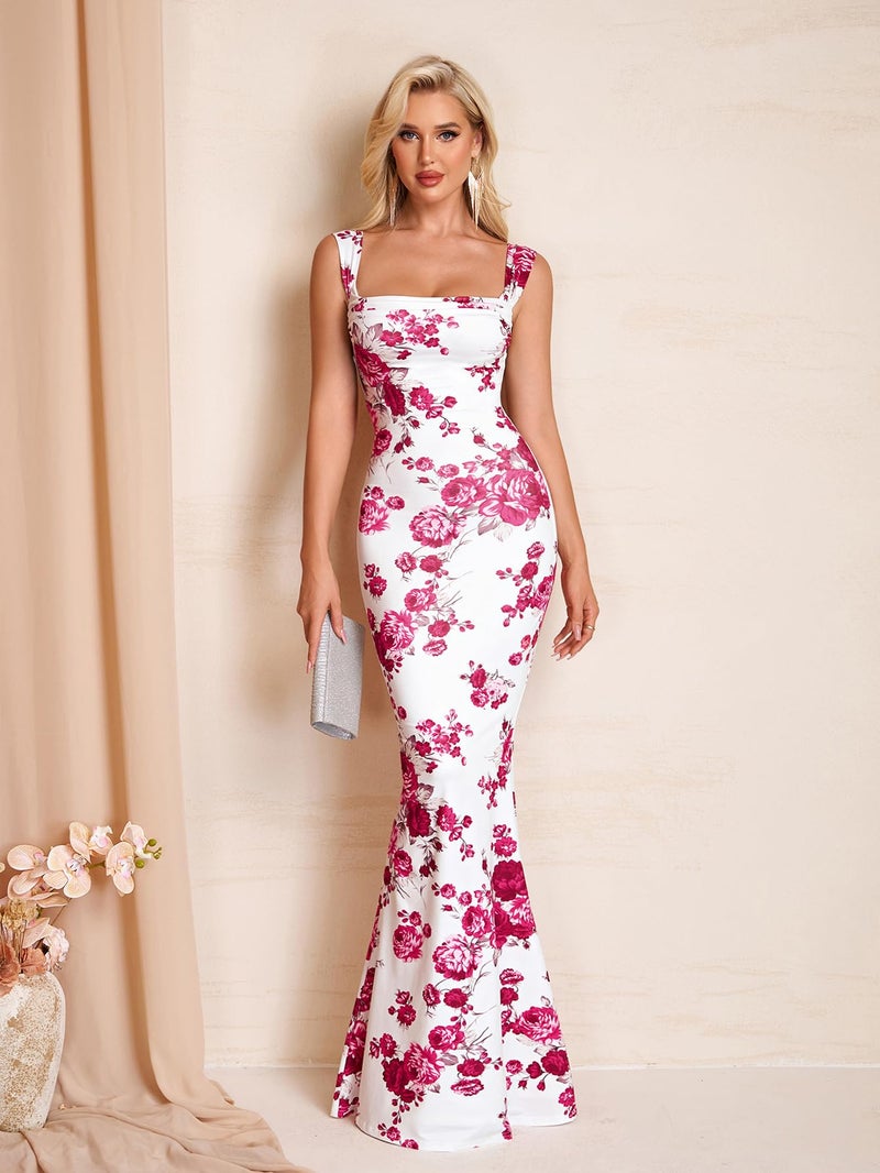 HTZMO Women Floral Wedding Guest Bodycon Maxi Dress Summer Cowl Neck Formal Party Elegant Long Dresses 2026 RedFloral M - Image 2