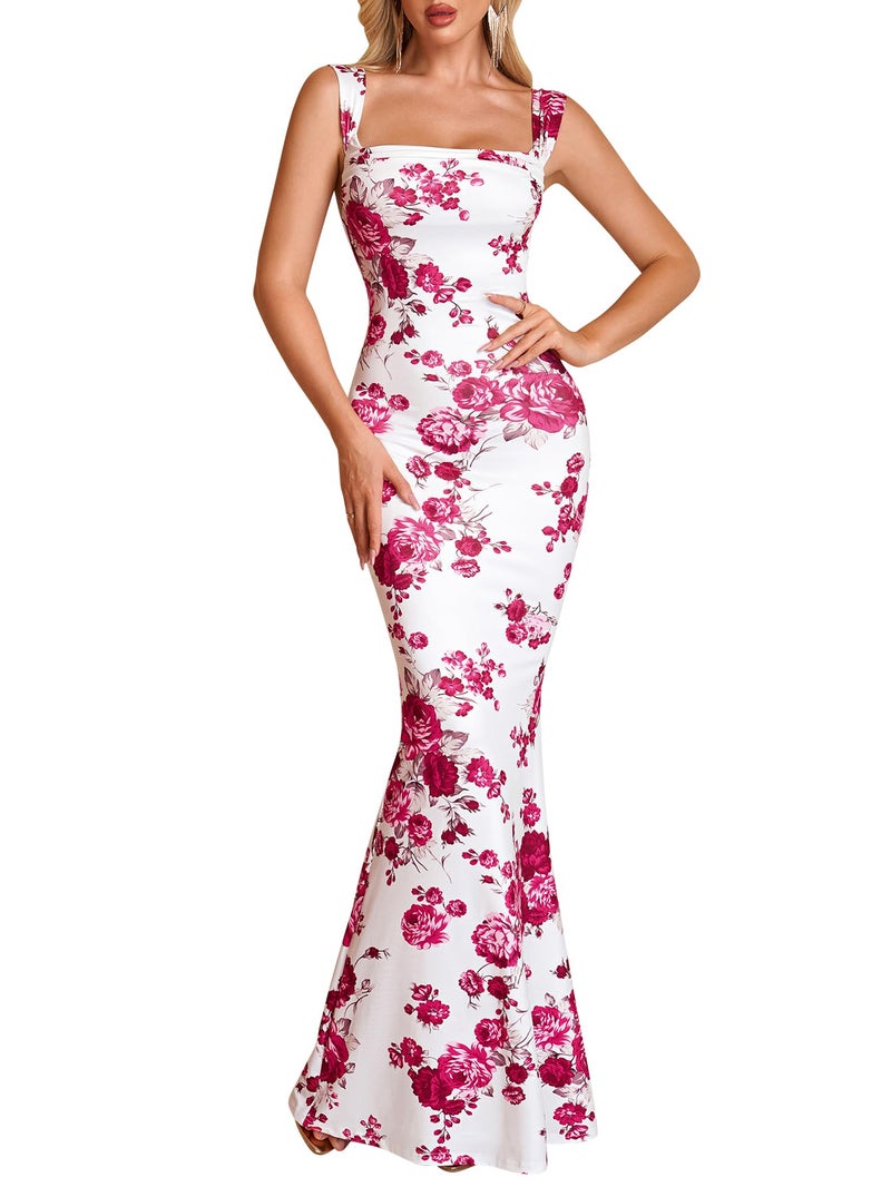 HTZMO Women Floral Wedding Guest Bodycon Maxi Dress Summer Cowl Neck Formal Party Elegant Long Dresses 2026 RedFloral M - Image 1