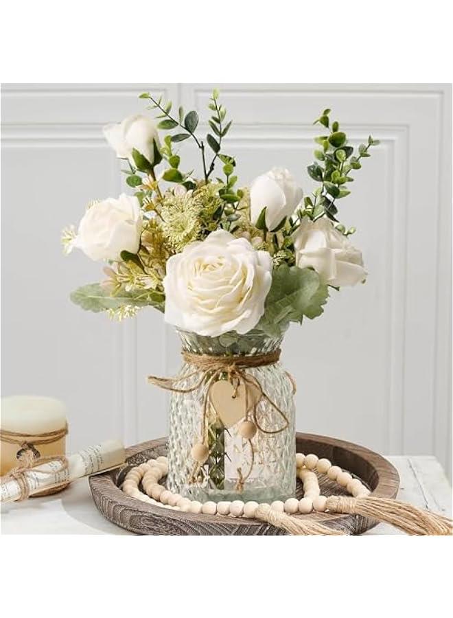 بيوينتي اكسرب زهور صناعية مع مزهرية حريرية في تنسيق مناسبة لديكور المنزل والمكتب قطعة مركزية لطاولة الطعام ابيض - Image 1