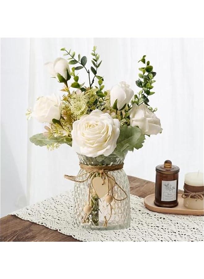 بيوينتي اكسرب زهور صناعية مع مزهرية حريرية في تنسيق مناسبة لديكور المنزل والمكتب قطعة مركزية لطاولة الطعام ابيض - Image 5