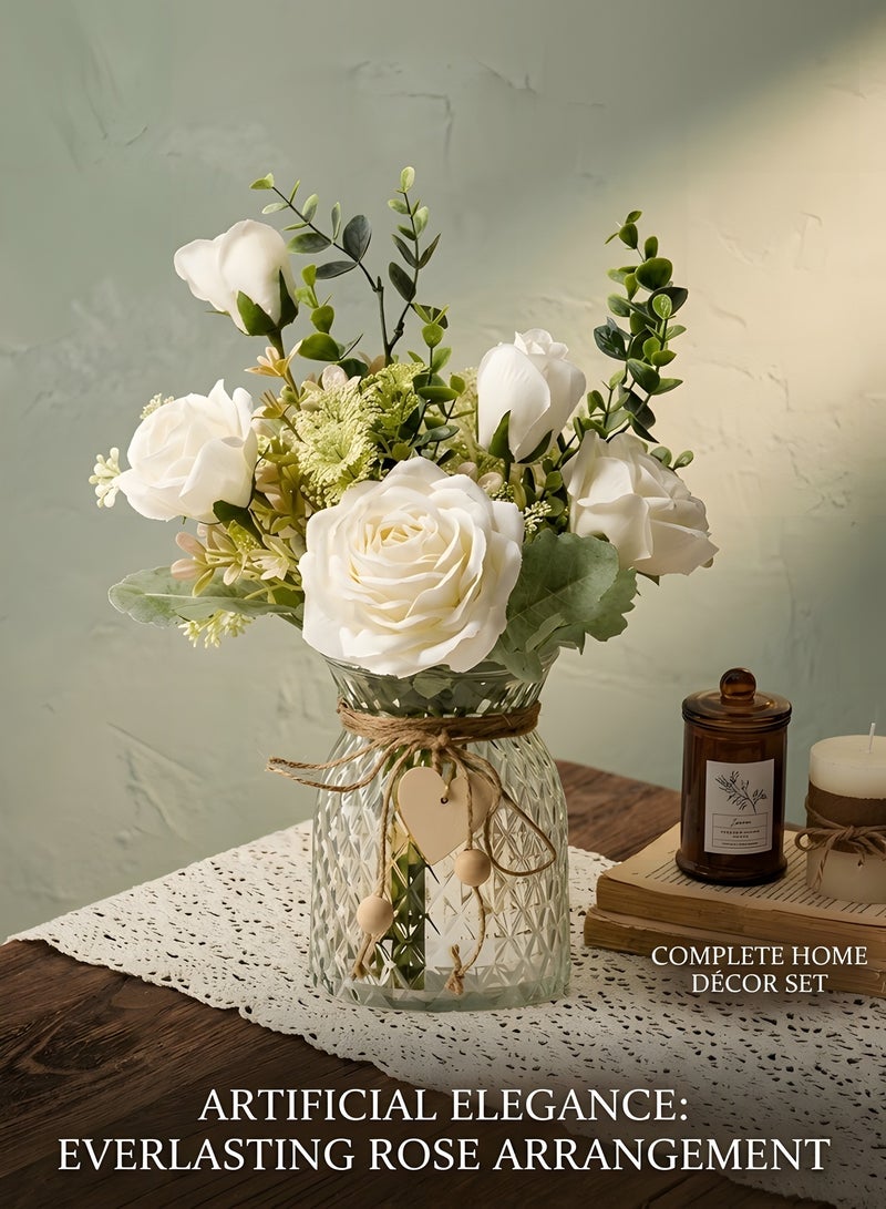 Beauenty Fake Flowers with Vase, Silk Roses Artificial Flowers in Vase, Faux Flower Arrangement with Vase Suitable for Home Office Decoration, Dining Table Centerpiece - Image 4