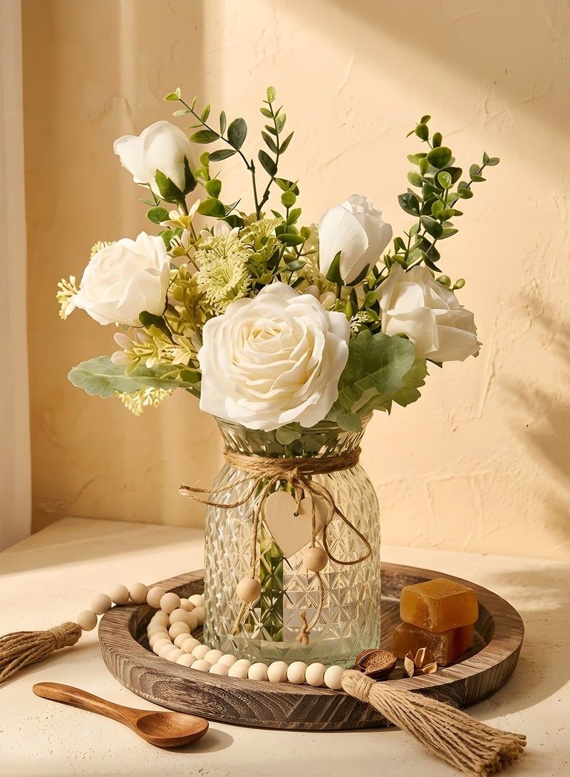 Beauenty Fake Flowers with Vase, Silk Roses Artificial Flowers in Vase, Faux Flower Arrangement with Vase Suitable for Home Office Decoration, Dining Table Centerpiece - Image 1