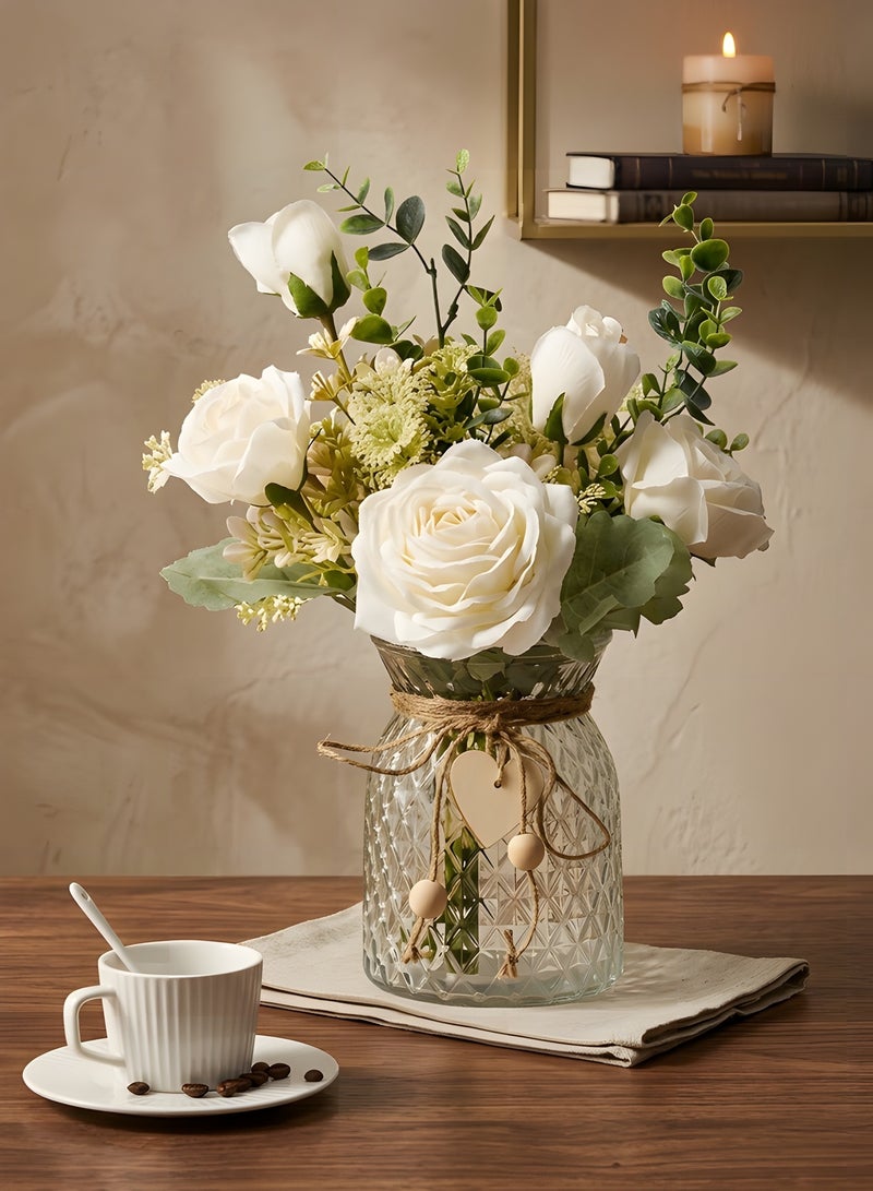 Beauenty Fake Flowers with Vase, Silk Roses Artificial Flowers in Vase, Faux Flower Arrangement with Vase Suitable for Home Office Decoration, Dining Table Centerpiece - Image 5