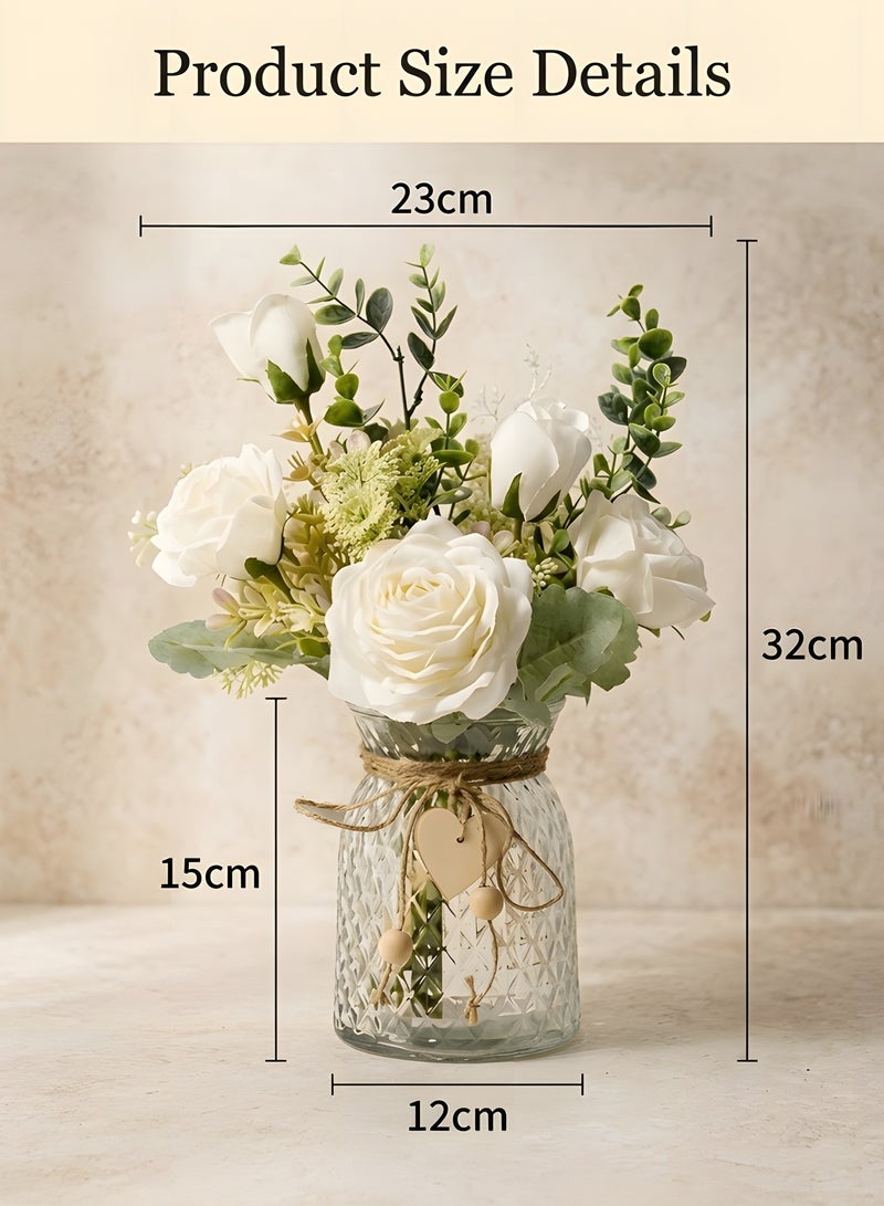 Beauenty Fake Flowers with Vase, Silk Roses Artificial Flowers in Vase, Faux Flower Arrangement with Vase Suitable for Home Office Decoration, Dining Table Centerpiece - Image 2