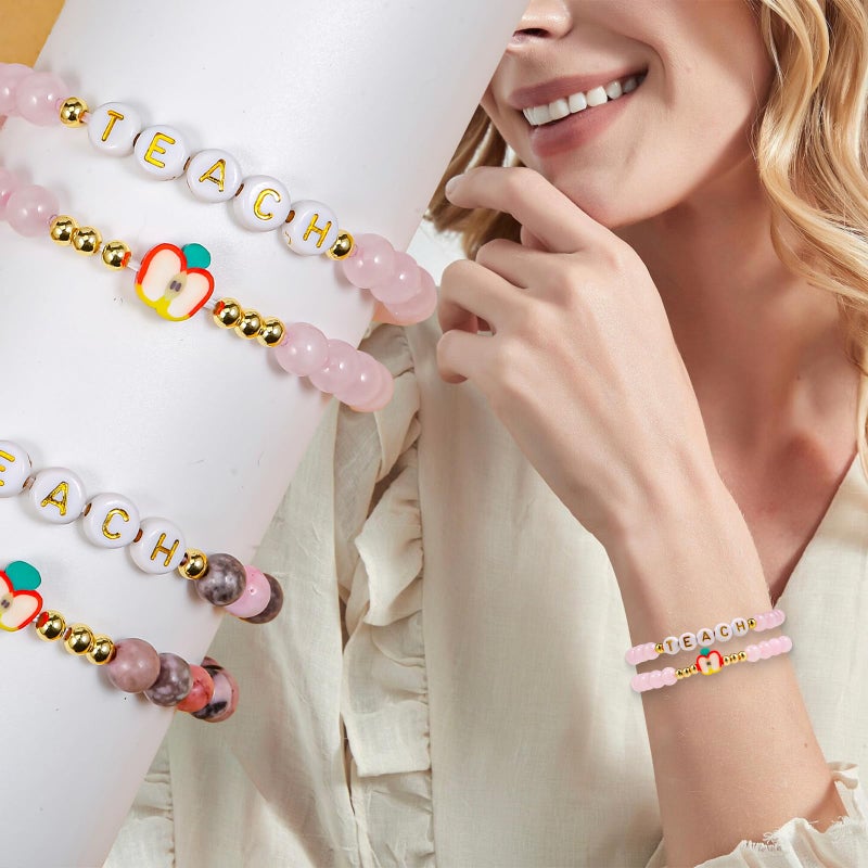 VICKHU Teacher appreciation gifts,Natural Stone teacher Bracelet gifts for women,thank you gifts for teacher meaningful gifts for women with gift message card (set-pink crystal) - Image 2