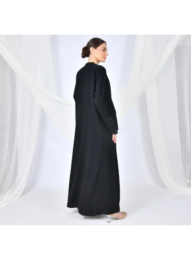 lamha abaya Black wrap abaya with sequined lace overlay on the sides and sleeves