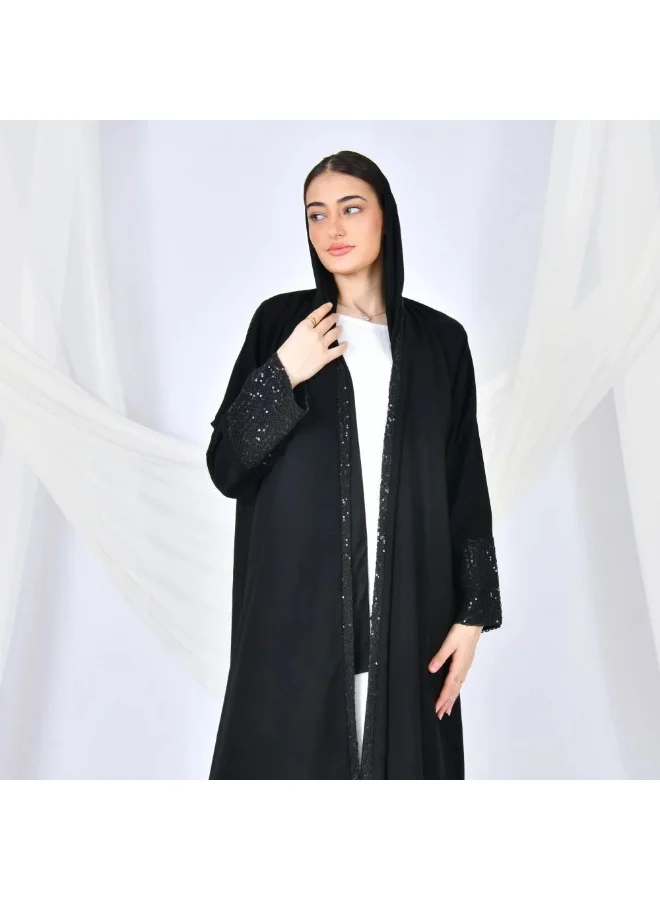 lamha abaya Black wrap abaya with sequined lace overlay on the sides and sleeves