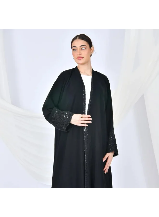 lamha abaya Black wrap abaya with sequined lace overlay on the sides and sleeves