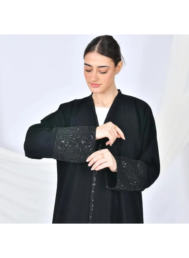 lamha abaya Black wrap abaya with sequined lace overlay on the sides and sleeves