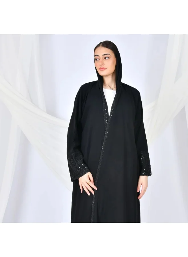 lamha abaya Black wrap abaya with sequined lace overlay on the sides and sleeves