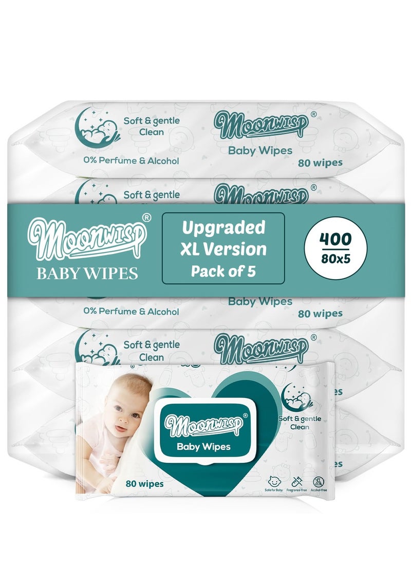 Moonwisp Baby Wipes [Upgraded XL Version] – Thicker, Premium Water-Based Wipes - Unscented, Alcohol-Free for Baby & All-Purpose Cleaning - Ultra-Soft Wet Tissue (Pack of 5-400 Count) - Image 1