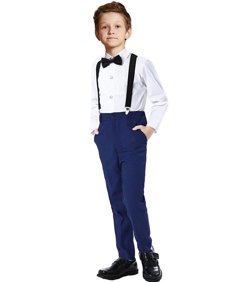 Boys 4Piece Suspender Outfit Kids Navy Blue Pants Sets for Teen Boys Formal Wedding Tuxedo Suits Size 5