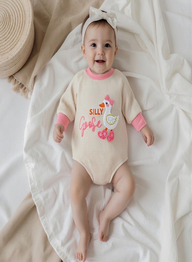 BULINGNA Infant Long Sleeve Bubble Romper Baby Girl Fall Winter Outfits Newborn Waffle Knit Goose Embroidery Bodysuit Clothes (Apricot, 3-6 Months) - Image 4