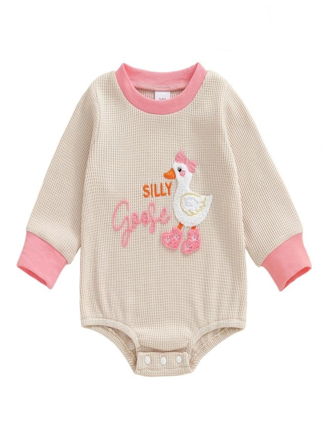 BULINGNA Infant Long Sleeve Bubble Romper Baby Girl Fall Winter Outfits Newborn Waffle Knit Goose Embroidery Bodysuit Clothes (Apricot, 3-6 Months) - Image 1