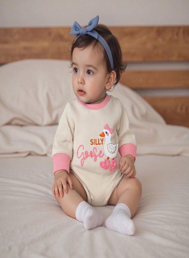 BULINGNA Infant Long Sleeve Bubble Romper Baby Girl Fall Winter Outfits Newborn Waffle Knit Goose Embroidery Bodysuit Clothes (Apricot, 3-6 Months) - Image 3