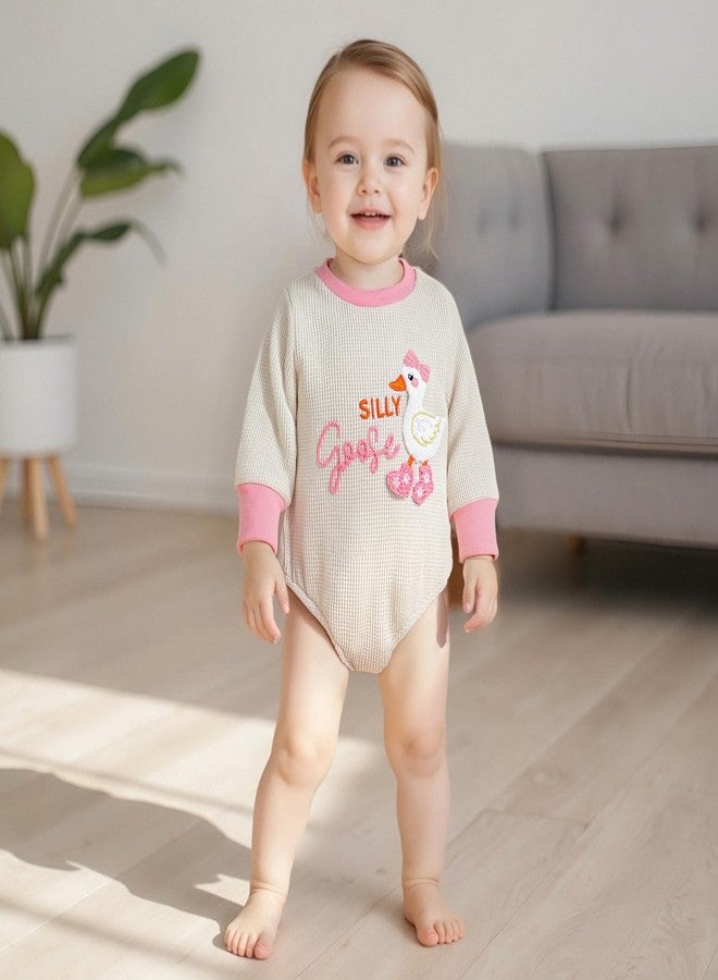 BULINGNA Infant Long Sleeve Bubble Romper Baby Girl Fall Winter Outfits Newborn Waffle Knit Goose Embroidery Bodysuit Clothes (Apricot, 3-6 Months) - Image 2