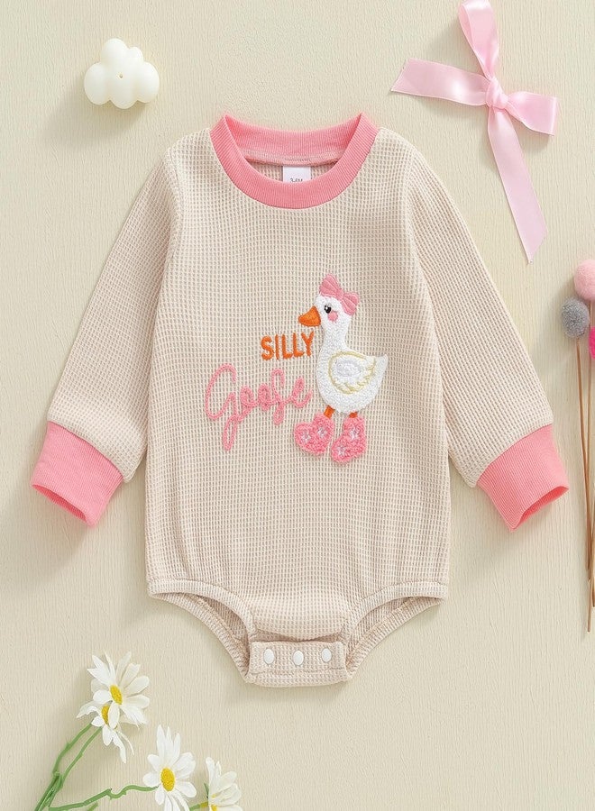 BULINGNA Infant Long Sleeve Bubble Romper Baby Girl Fall Winter Outfits Newborn Waffle Knit Goose Embroidery Bodysuit Clothes (Apricot, 3-6 Months) - Image 5