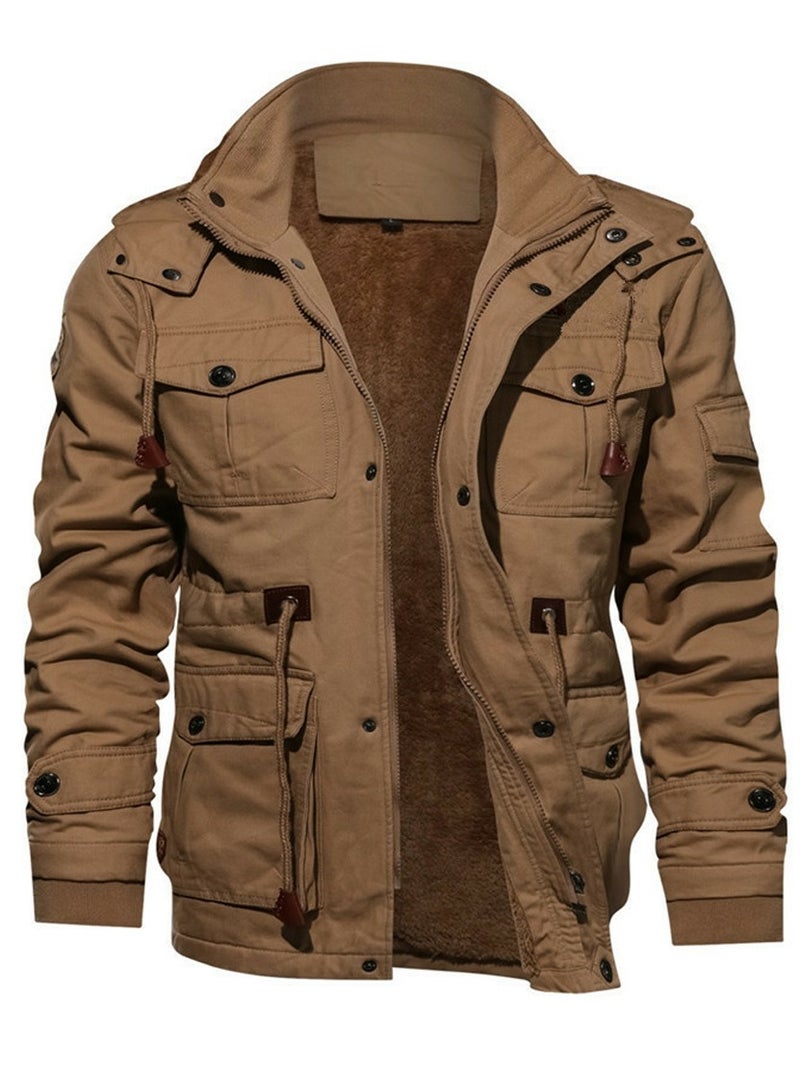 Loquat Men's Thick Hooded Zippered Slim Fit Outdoor Jacket Long Sleeve Casual Coat Khaki  - Image 2
