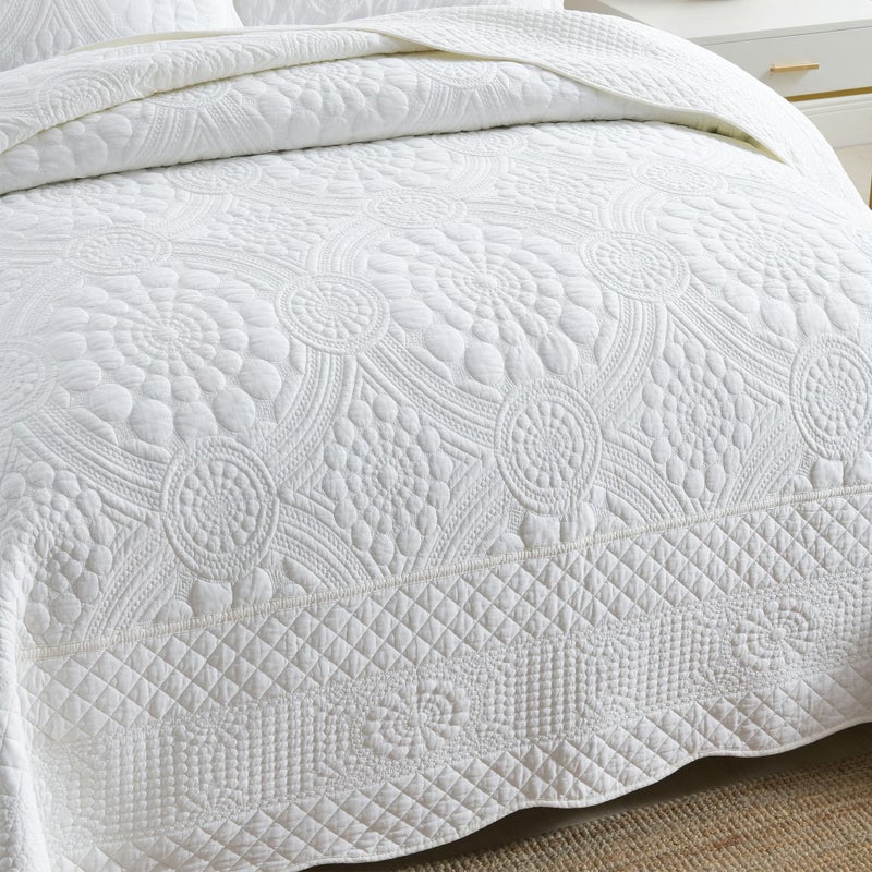 MarCielo 3-Piece 100% Cotton Oversized Bedspread Lightweight Quilt Coverlet Embroidery Farmhouse Bedding (Tf Bright White, Oversized King (118"x106")) - Image 3